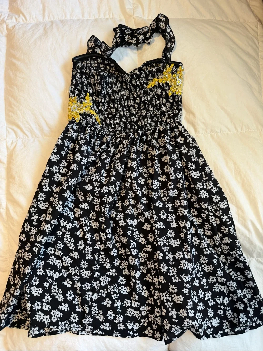 Black & White Floral Halter Dance Dress with Yellow Embellishment - girls